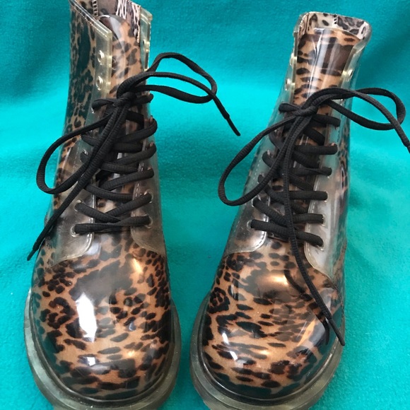 Shoes - Leopard Print Plastic Combat-Style Boots Sz 10